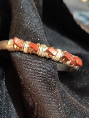 Sterling Silver Handcrafted Wire-Wrapped Coral Bangle Bracelet